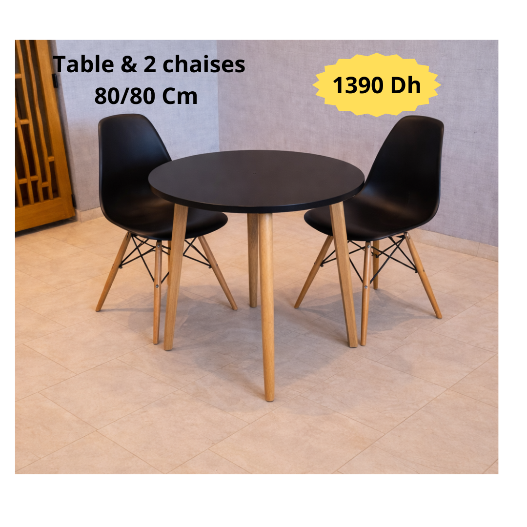 Table ronde 80/80 cm "Blanc/Noir" + 2 Chaises Scandinaves
