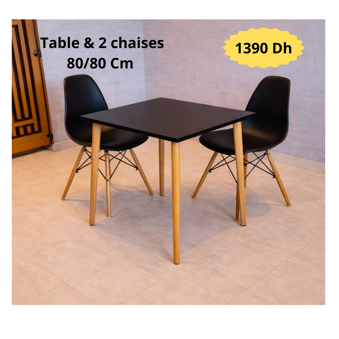 Table carrée 80/80 cm "Blanc/Noir" + 2 Chaises Scandinaves