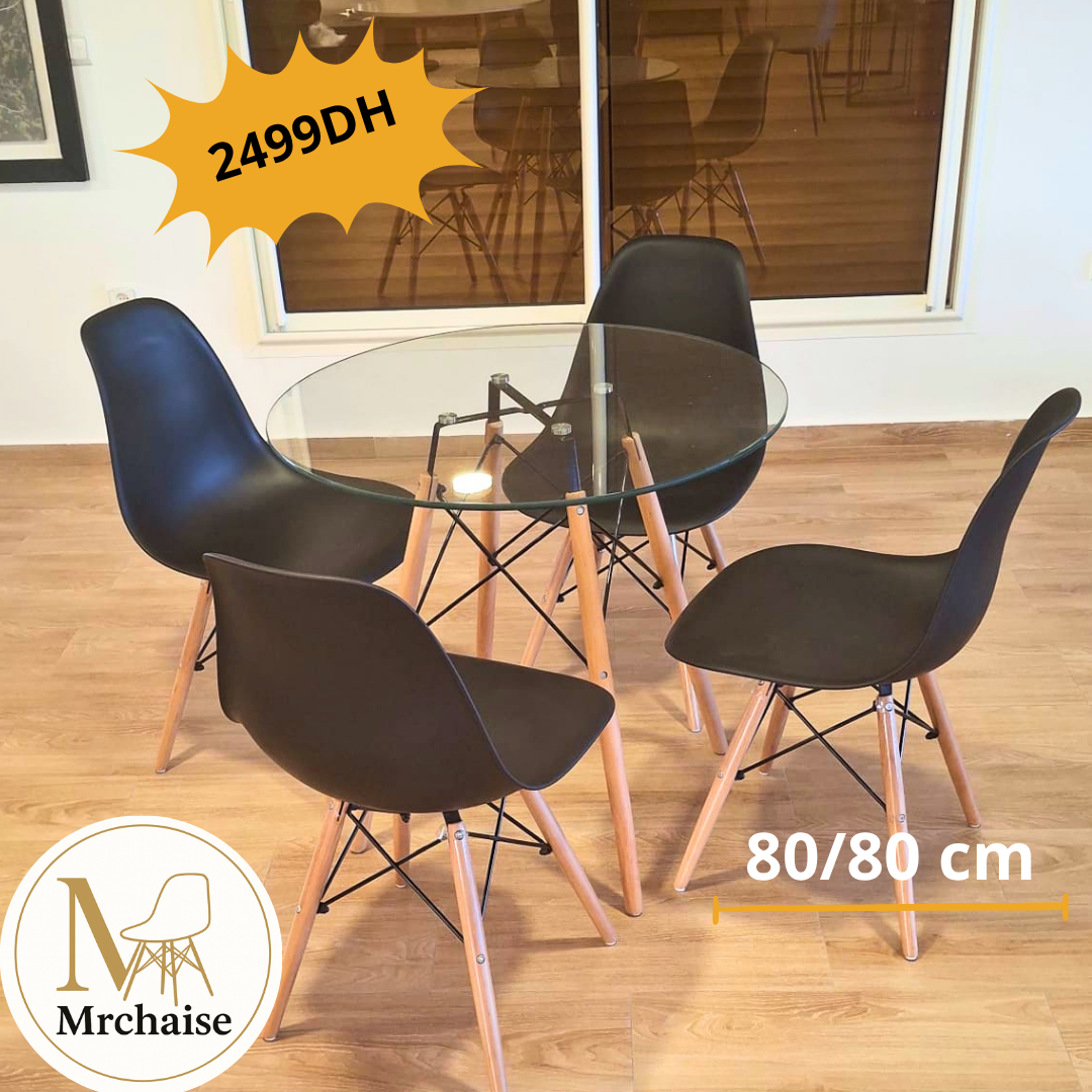 Table ronde verre trompé 80/80 cm "Blanc/Noir/Beige" + 4 Chaises Scandinaves