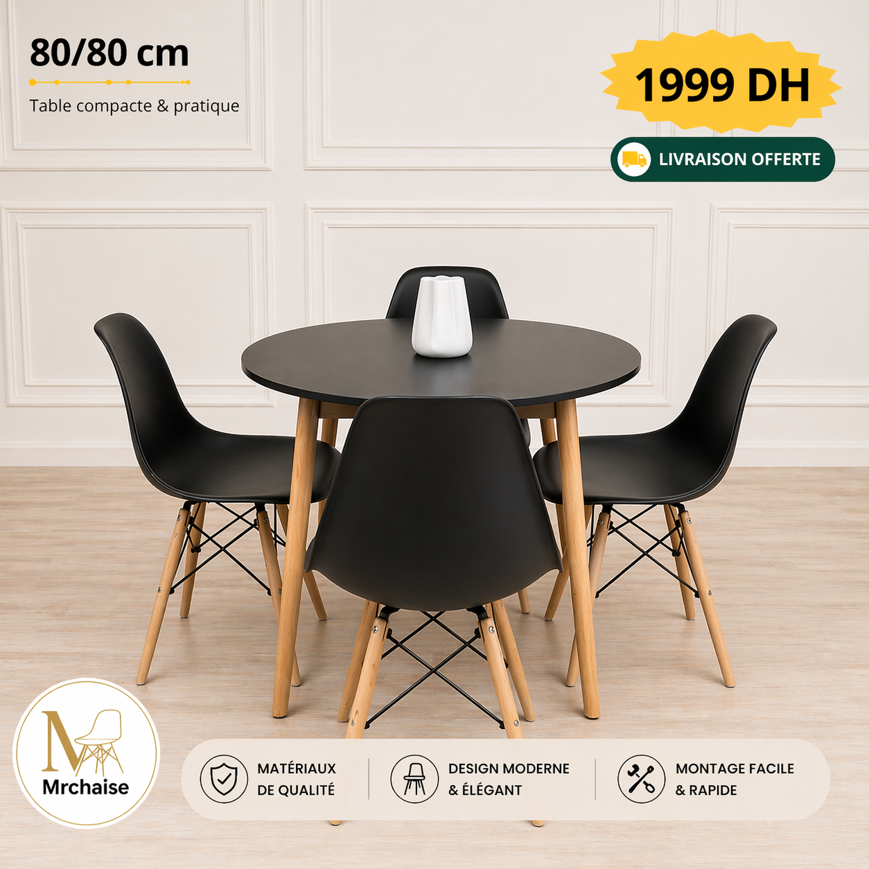 Table ronde 80/80 cm "Blanc/Noir" + 4 Chaises Scandinaves