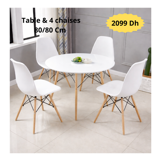 Table  ronde scandy 80/80 cm "Blanc/Noir" + 4 Chaises Scandinaves