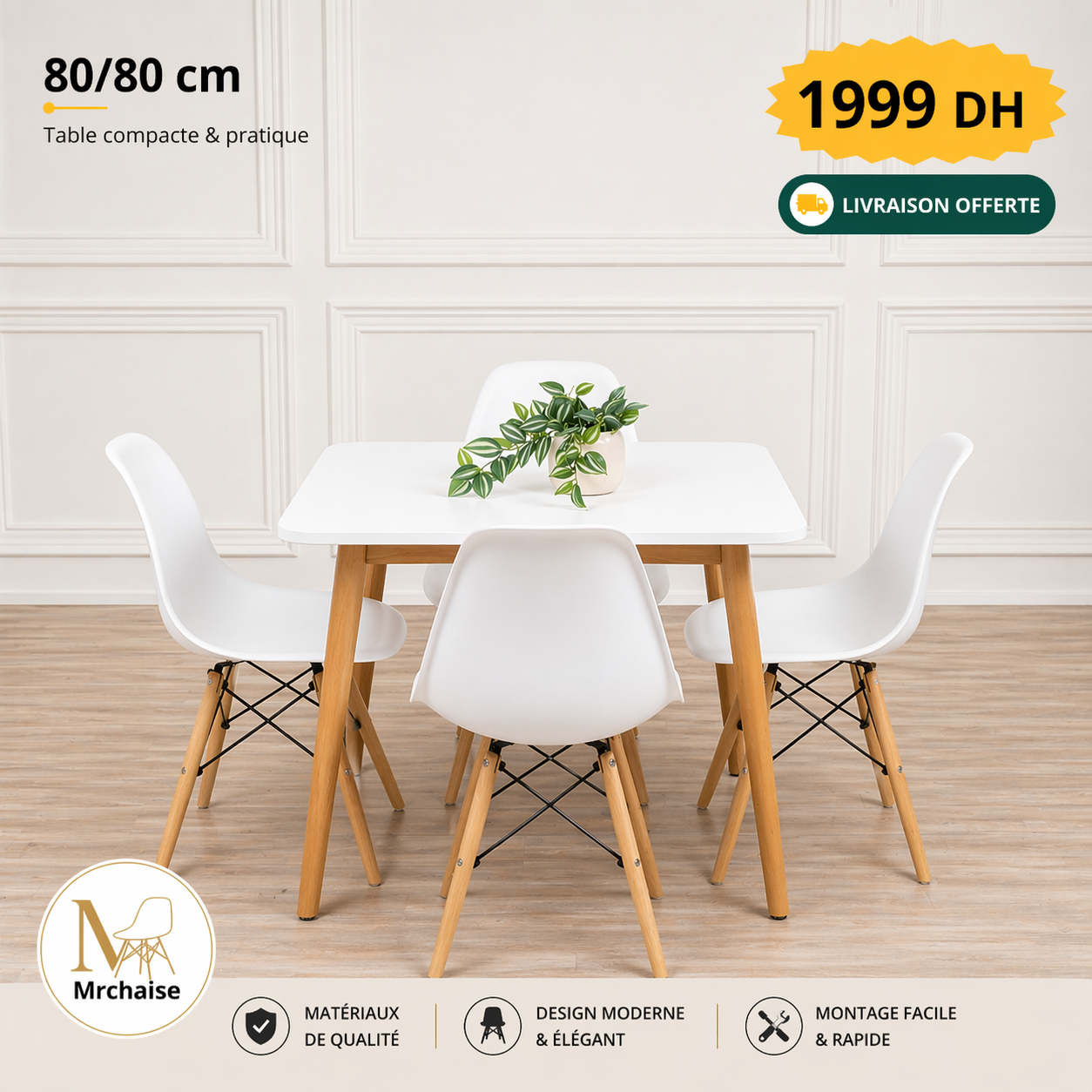 Table carrée 80/80 cm "Blanc/Noir" + 4 Chaises Scandinaves