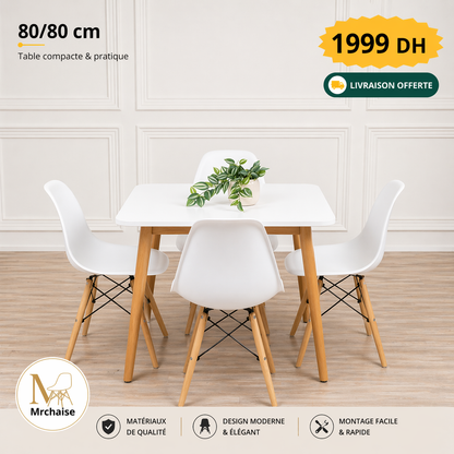 Table carrée 80/80 cm "Blanc/Noir" + 4 Chaises Scandinaves