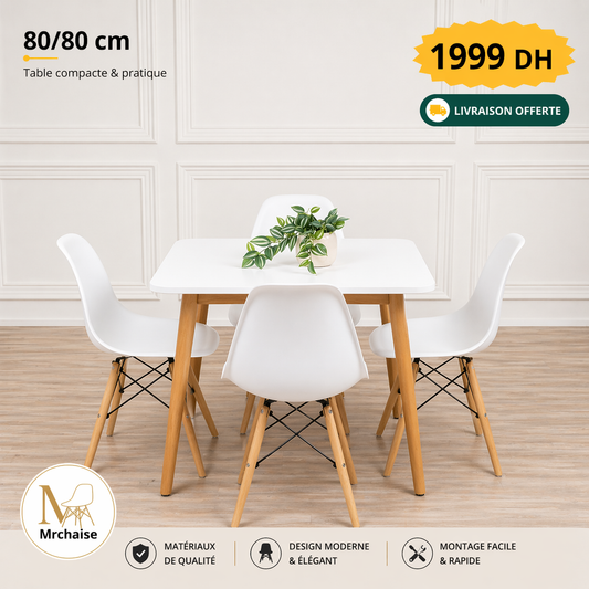 Table carrée 80/80 cm "Blanc/Noir" + 4 Chaises Scandinaves