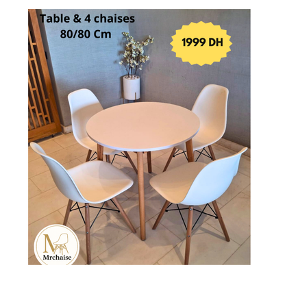 Table ronde 80/80 cm "Blanc/Noir" + 4 Chaises Scandinaves