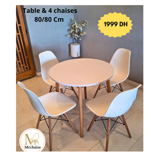 Table ronde 80/80 cm "Blanc/Noir" + 4 Chaises Scandinaves