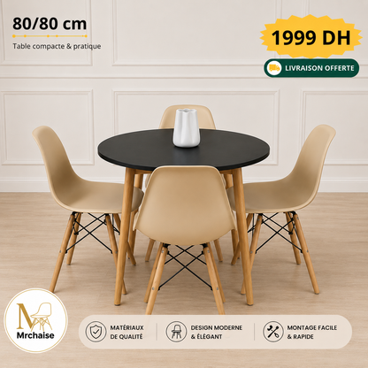 Table ronde 80/80 cm "Blanc/Noir/Beige" + 4 Chaises Scandinaves