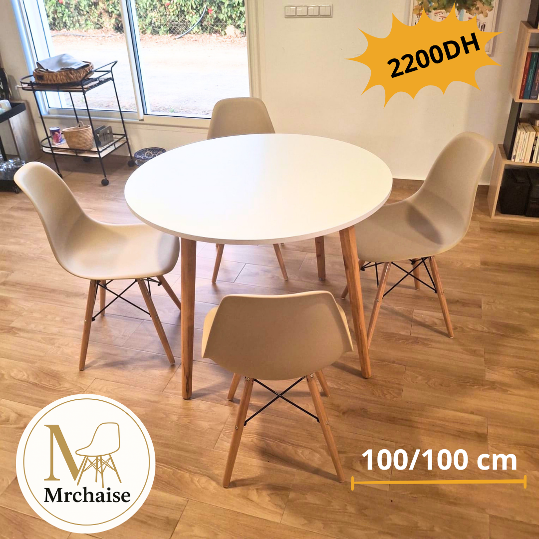 Table ronde 100/100 cm "Blanc/Noir/Beige" + 4 Chaises Scandinaves