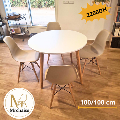 Table ronde 100/100 cm "Blanc/Noir/Beige" + 4 Chaises Scandinaves