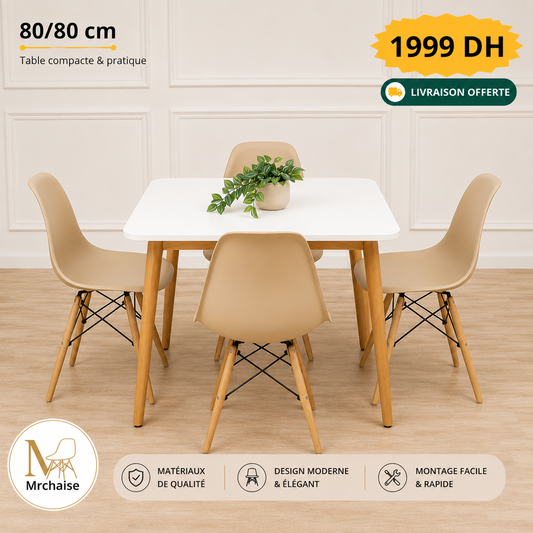 Table carrée 80/80 cm "Blanc/Noir/Beige" + 4 Chaises Scandinaves