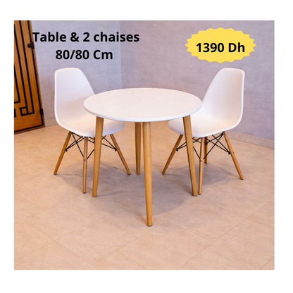 Table ronde 80/80 cm "Blanc/Noir" + 2 Chaises Scandinaves