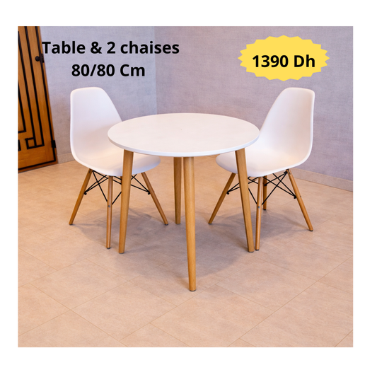 Table ronde 80/80 cm "Blanc/Noir" + 2 Chaises Scandinaves