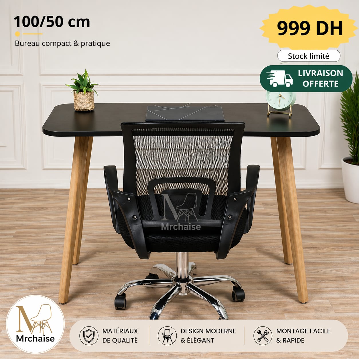 Scandy bureau + Chaise ergonomique "Noir"
