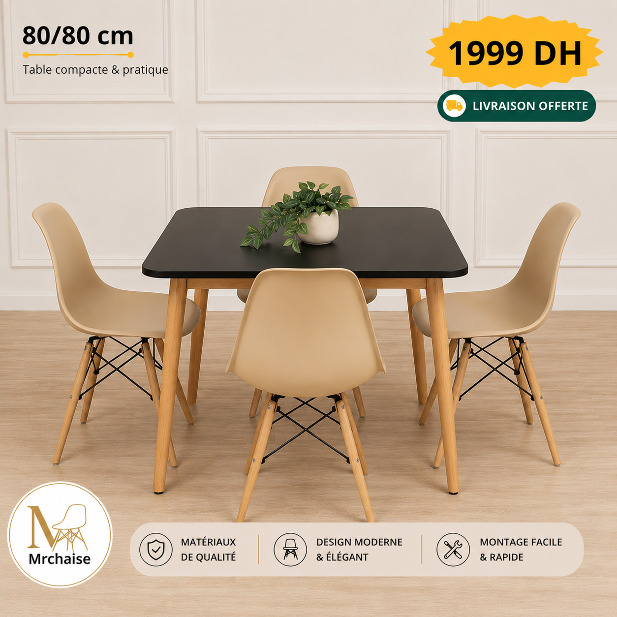 Table carrée 80/80 cm "Blanc/Noir/Beige" + 4 Chaises Scandinaves