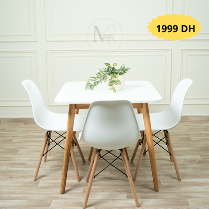 Table carrée 80/80 cm "Blanc/Noir" + 4 Chaises Scandinaves