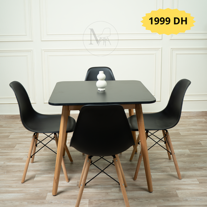 Table carrée 80/80 cm "Blanc/Noir" + 4 Chaises Scandinaves