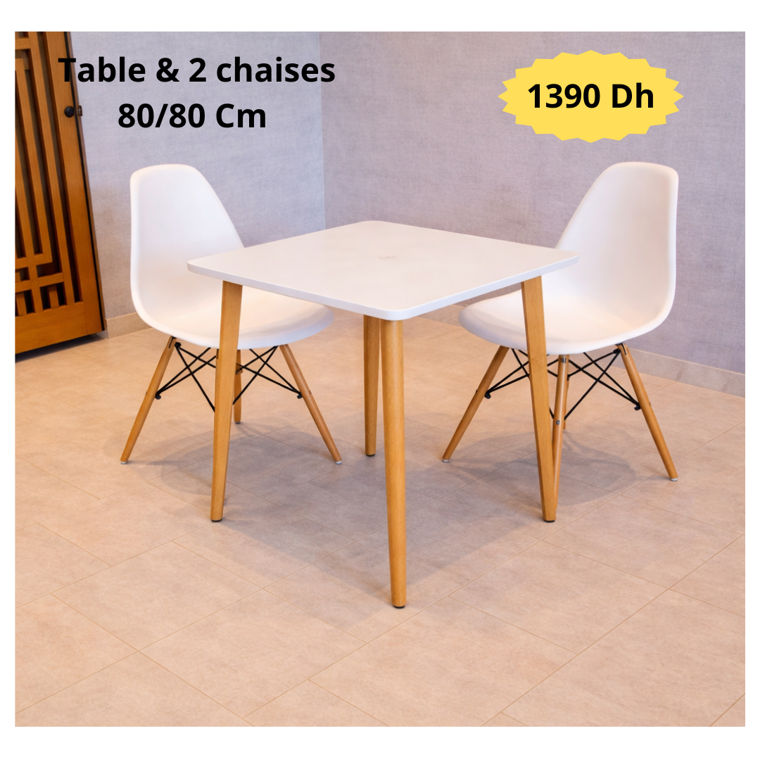 Table carrée  80/80 cm "Blanc/Noir" + 2 Chaises Scandinaves