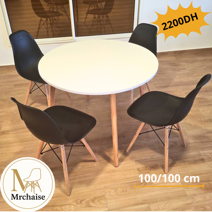 Table ronde 100/100 cm "Blanc/Noir/Beige" + 4 Chaises Scandinaves