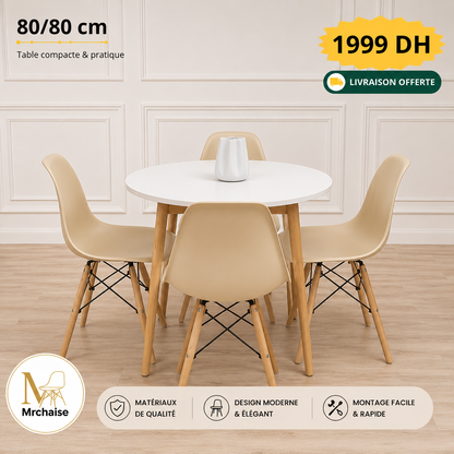 Table ronde 80/80 cm "Blanc/Noir/Beige" + 4 Chaises Scandinaves