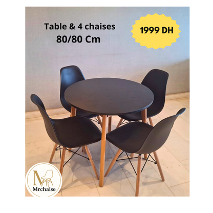 Table ronde 80/80 cm "Blanc/Noir" + 4 Chaises Scandinaves