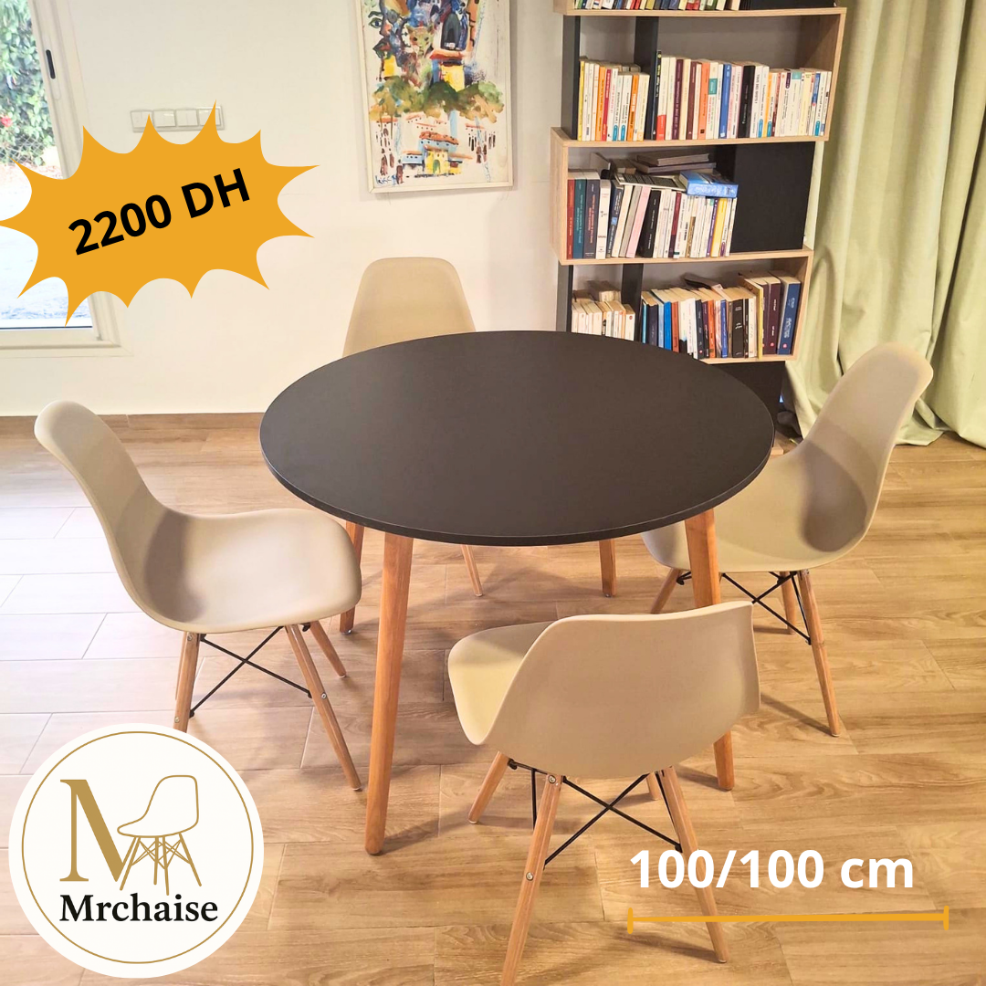 Table ronde 100/100 cm "Blanc/Noir/Beige" + 4 Chaises Scandinaves