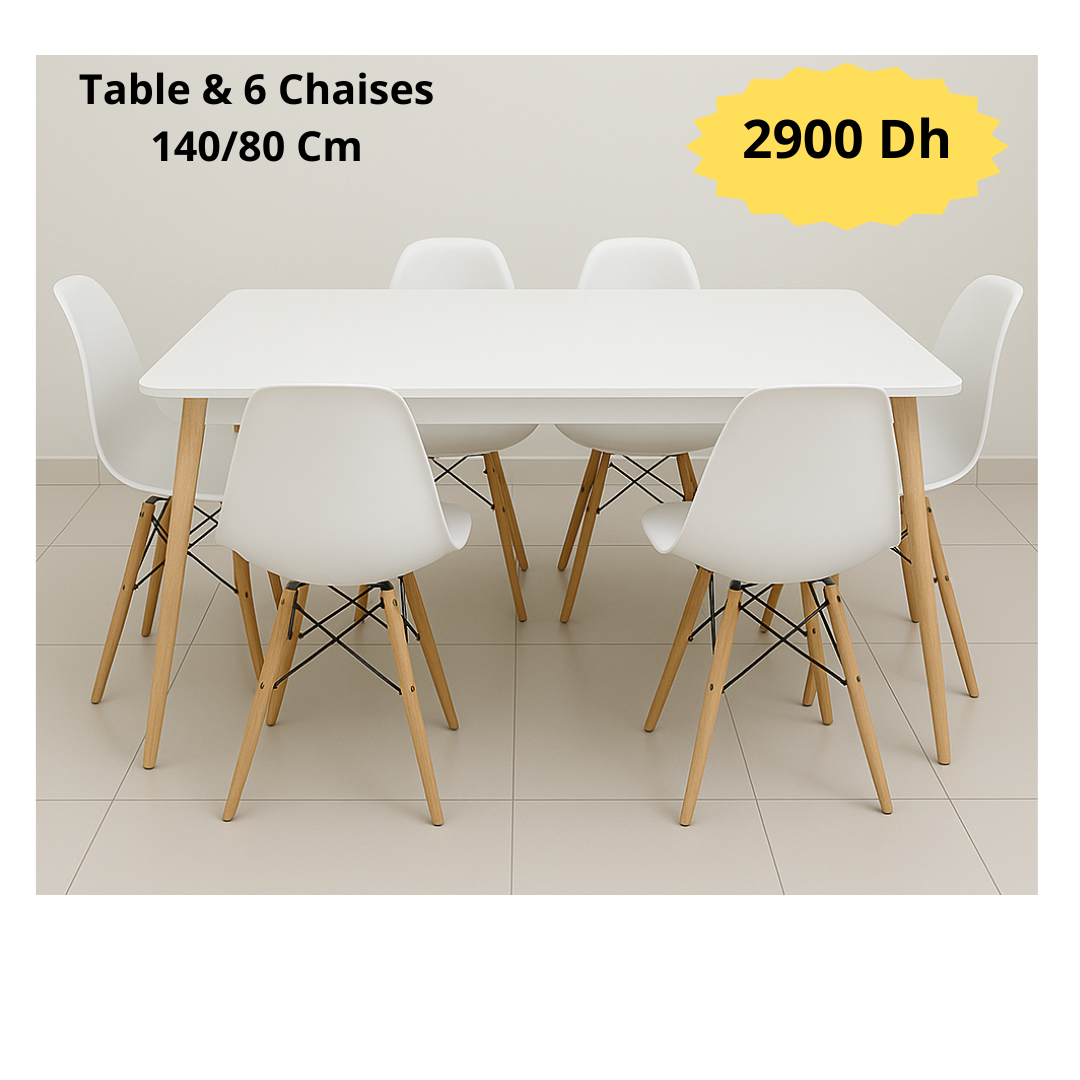 Table scandinave 140/80 cm+ 6 Chaises