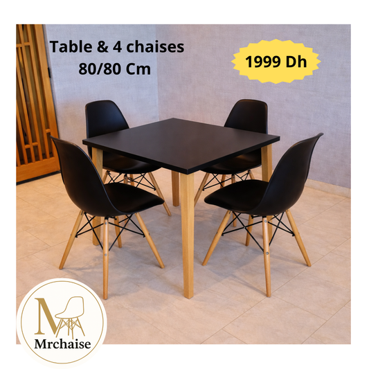 Table carrée 80/80 cm "Blanc/Noir" + 4 Chaises Scandinaves