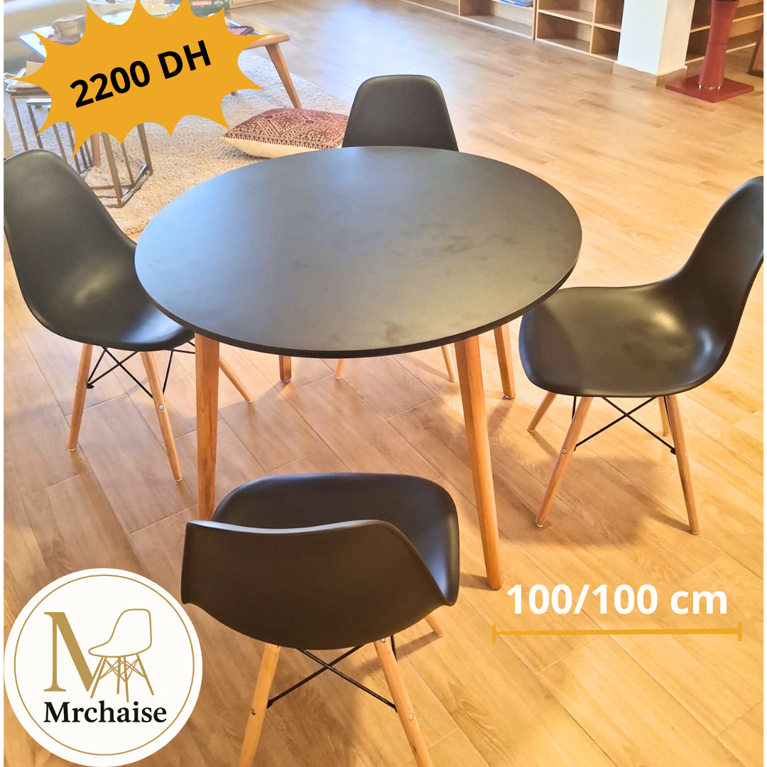 Table ronde 100/100 cm "Blanc/Noir/Beige" + 4 Chaises Scandinaves
