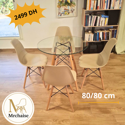 Table  ronde verre trompé 80/80 cm "Blanc/Noir/Beige" + 4 Chaises Scandinaves