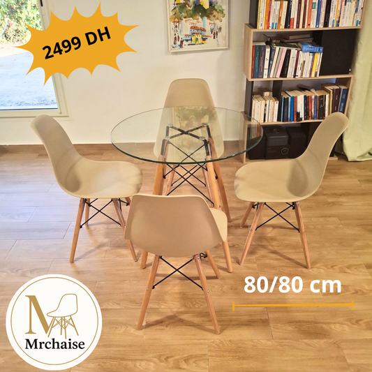Table  ronde verre trompé 80/80 cm "Blanc/Noir/Beige" + 4 Chaises Scandinaves