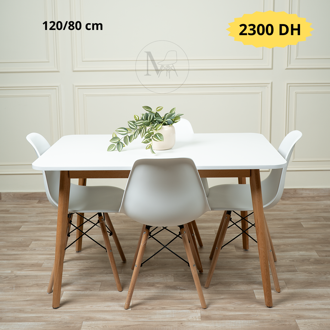 Table rectangulaire 120/80 cm "Blanc/Noir" + 4 Chaises Scandinaves