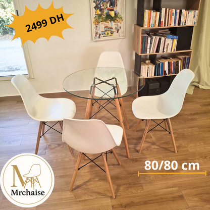 Table  ronde verre trompé 80/80 cm "Blanc/Noir/Beige" + 4 Chaises Scandinaves