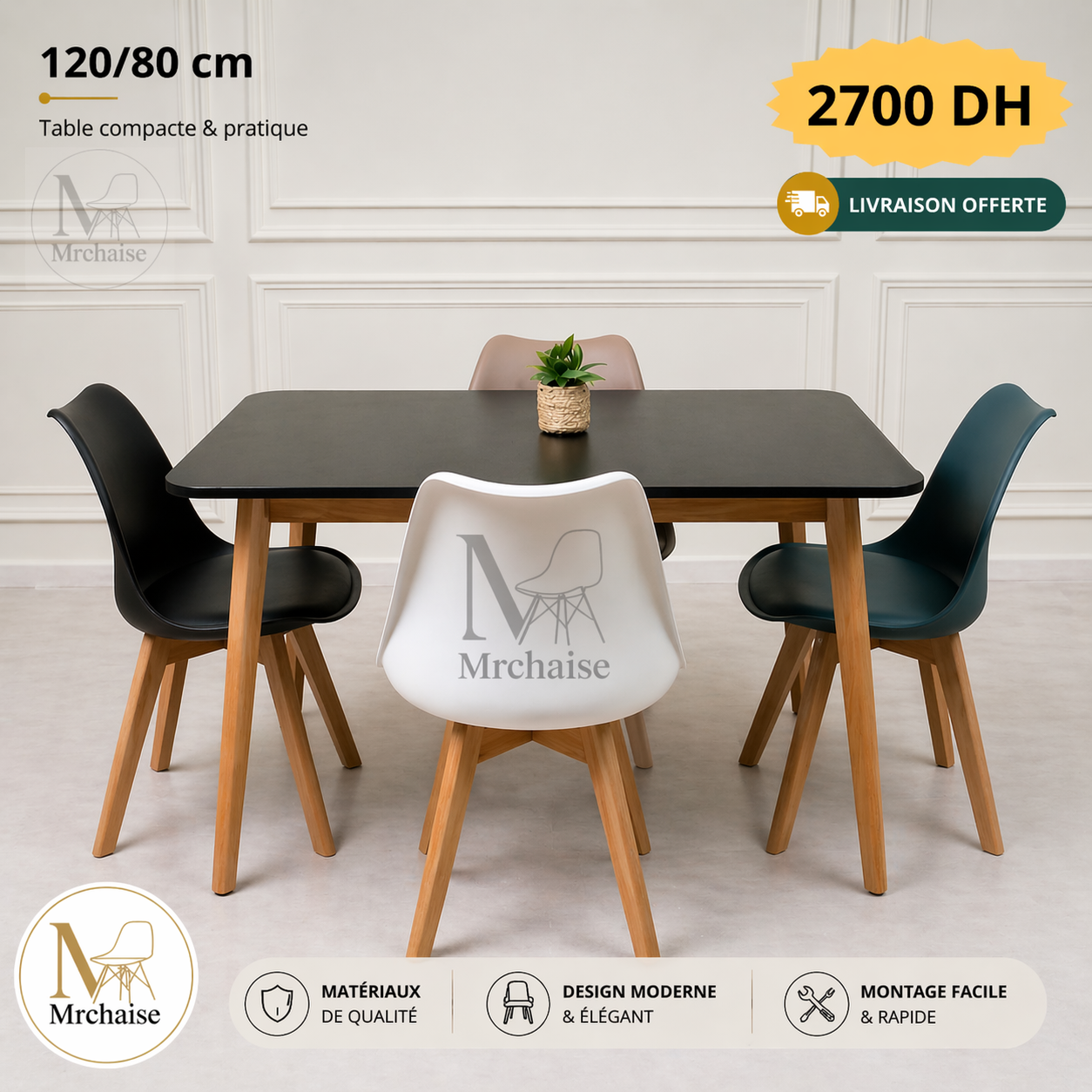 Table rectangulaire 120/80 cm "Blanc/Noir" + 4 Chaises Scandinaves Epongée
