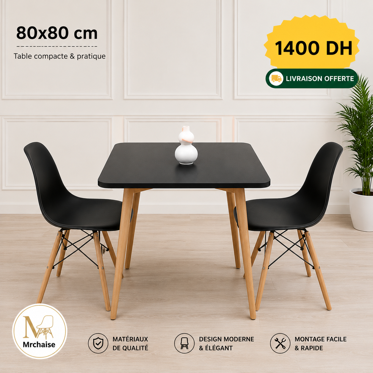 Table carrée  80/80 cm "Blanc/Noir/Beige" + 2 Chaises Scandinaves