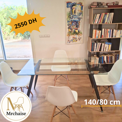 Table Rectangulaire 140×80 cm en Verre + 4 Chaises en Tissu Gris