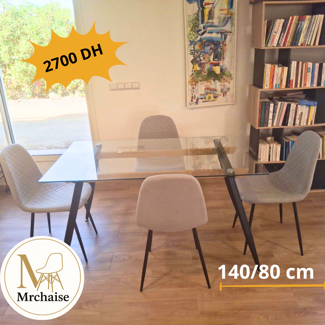 Table Rectangulaire 140×80 cm en Verre + 4 Chaises en Tissu Gris