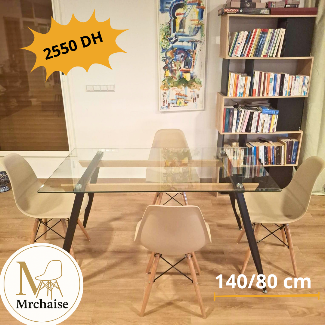 Table Rectangulaire 140×80 cm en Verre + 4 Chaises en Tissu Gris