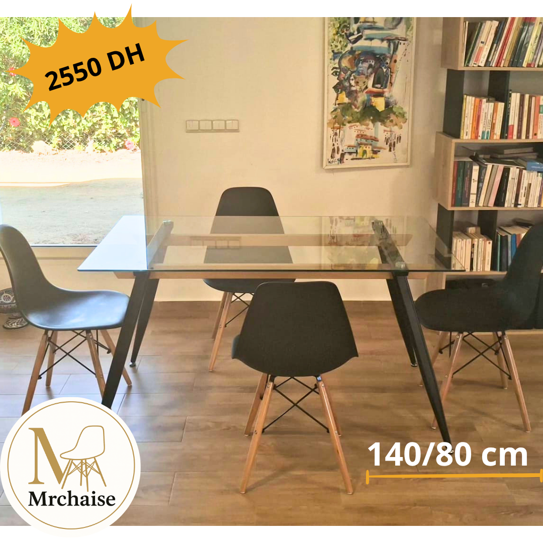 Table Rectangulaire 140×80 cm en Verre + 4 Chaises en Tissu Gris