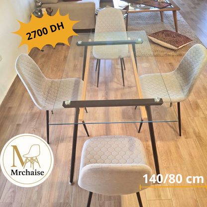 Table Rectangulaire 140×80 cm en Verre + 4 Chaises en Tissu Gris