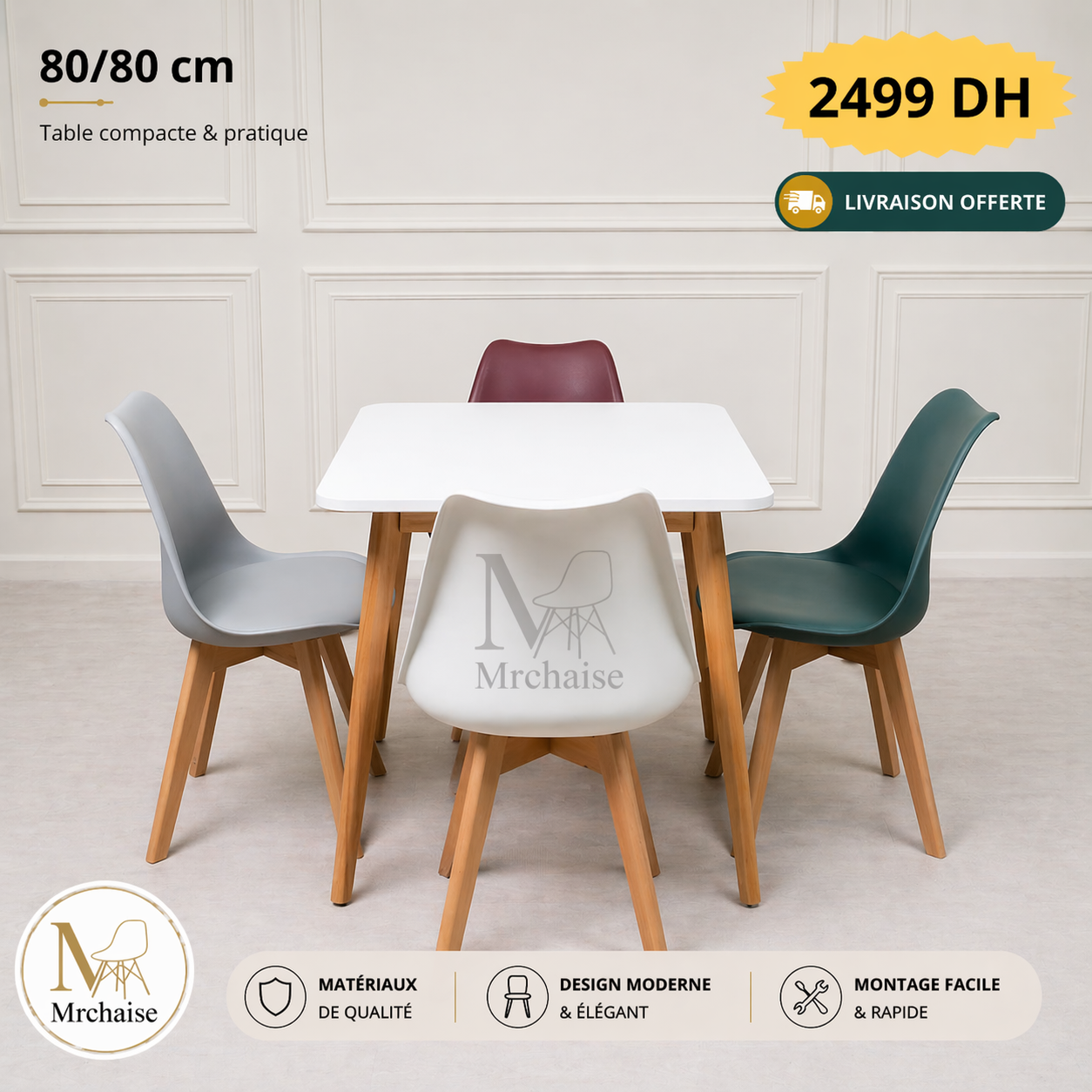 Table carrée 80/80 cm "Blanc/Noir" + 4 Chaises Scandinaves Epongées