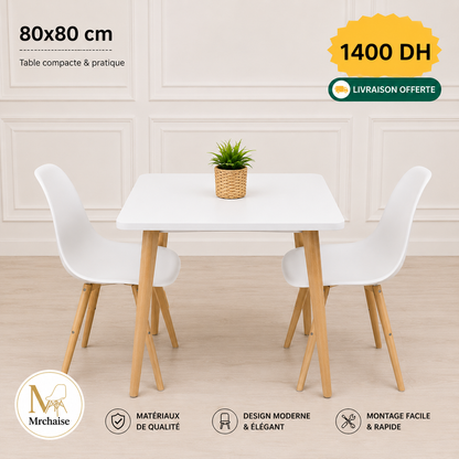 Table carrée  80/80 cm "Blanc/Noir/Beige" + 2 Chaises Scandinaves