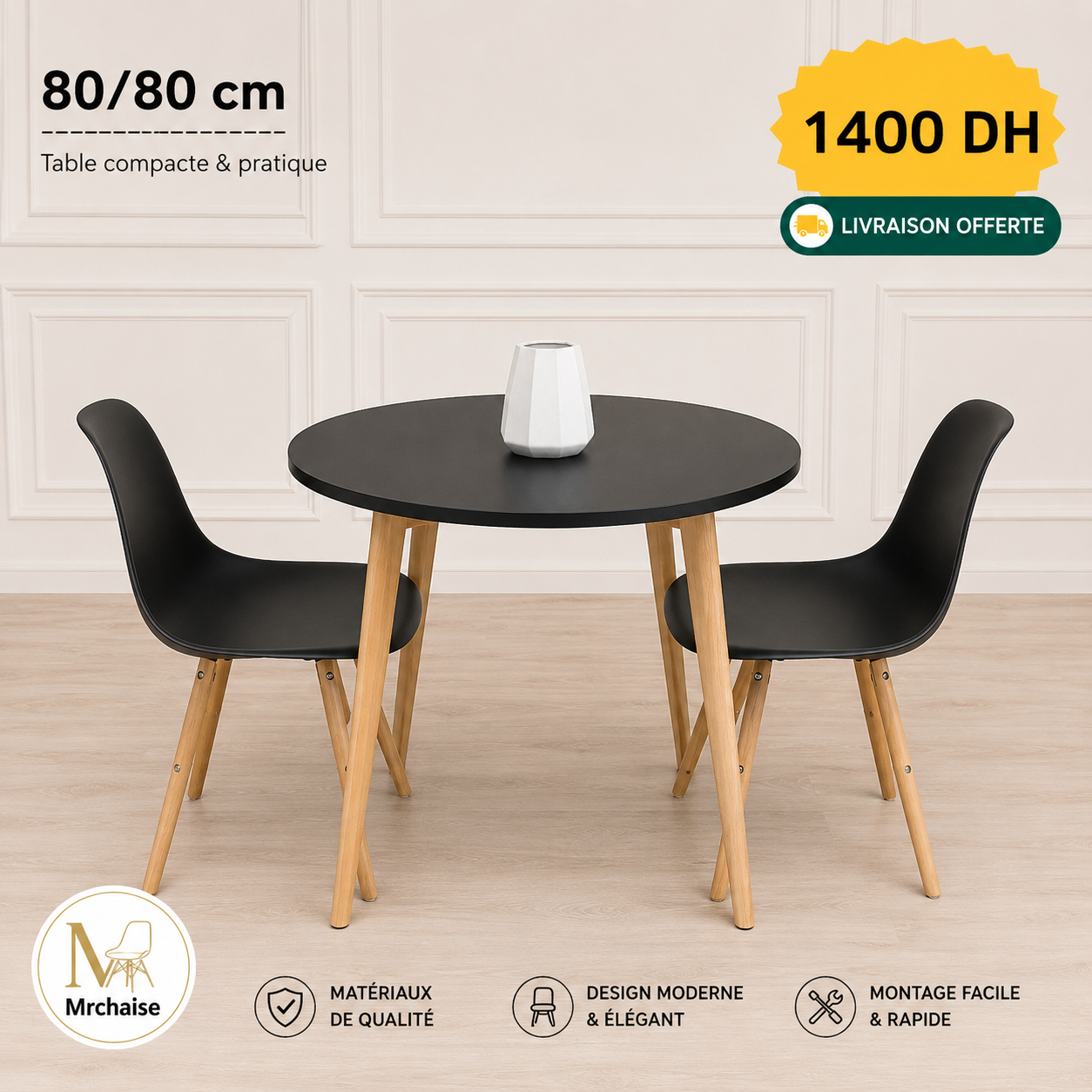 Table ronde 80/80 cm "Blanc/Noir/Beige" + 2 Chaises Scandinaves
