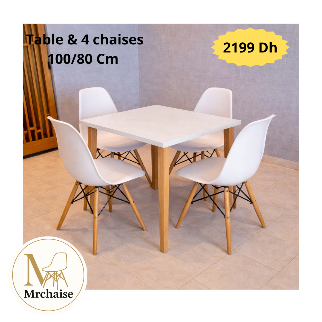 Table carrée 100/100 cm "Blanc/Noir" + 4 Chaises Scandinaves