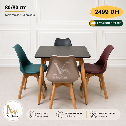Table carrée 80/80 cm "Blanc/Noir" + 4 Chaises Scandinaves Epongées