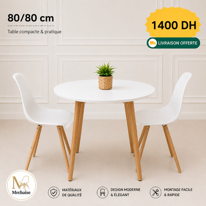 Table ronde 80/80 cm "Blanc/Noir/Beige" + 2 Chaises Scandinaves