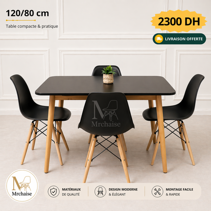 Table rectangulaire 120/80 cm "Blanc/Noir" + 4 Chaises Scandinaves