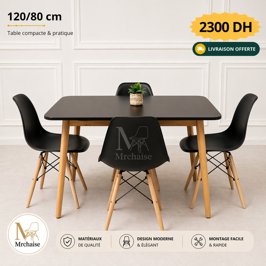Table rectangulaire 120/80 cm "Blanc/Noir" + 4 Chaises Scandinaves
