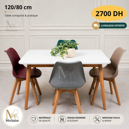 Table rectangulaire 120/80 cm "Blanc/Noir" + 4 Chaises Scandinaves Epongée