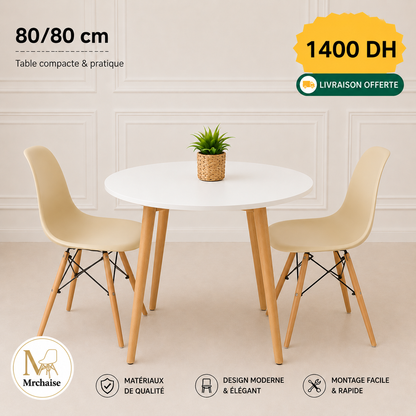Table ronde 80/80 cm "Blanc/Noir/Beige" + 2 Chaises Scandinaves