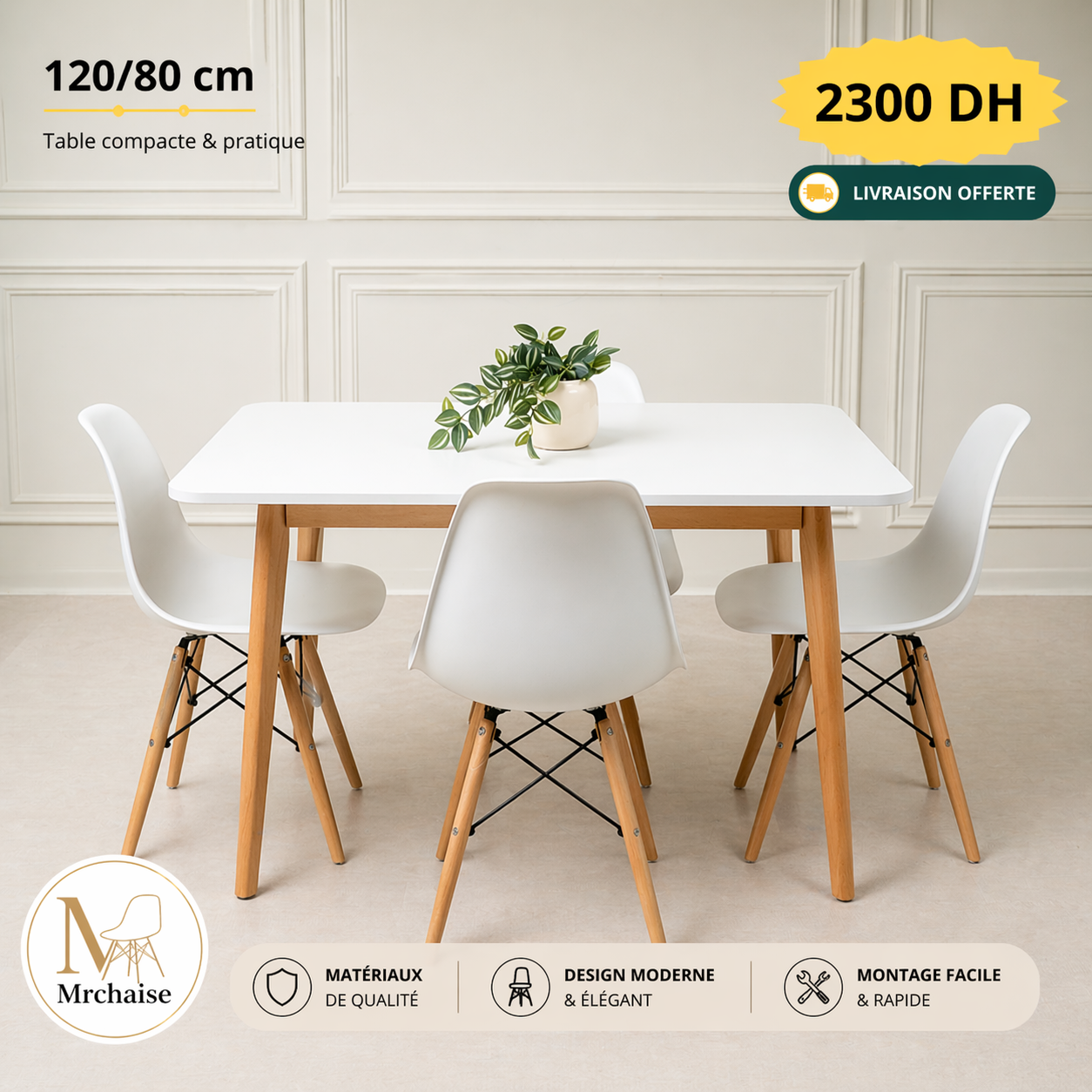 Table rectangulaire 120/80 cm "Blanc/Noir" + 4 Chaises Scandinaves